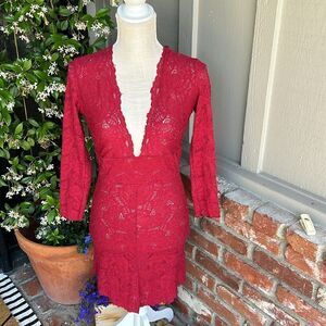 NWOT Free People Semi-Sheer Bodycon Lace Slip Dress in Burgundy Wine Size: XS
